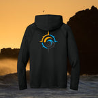 Deepwater Crew Co. black performance UPF hoodie with a compass and wave logo on the back against a sunset ocean view.
