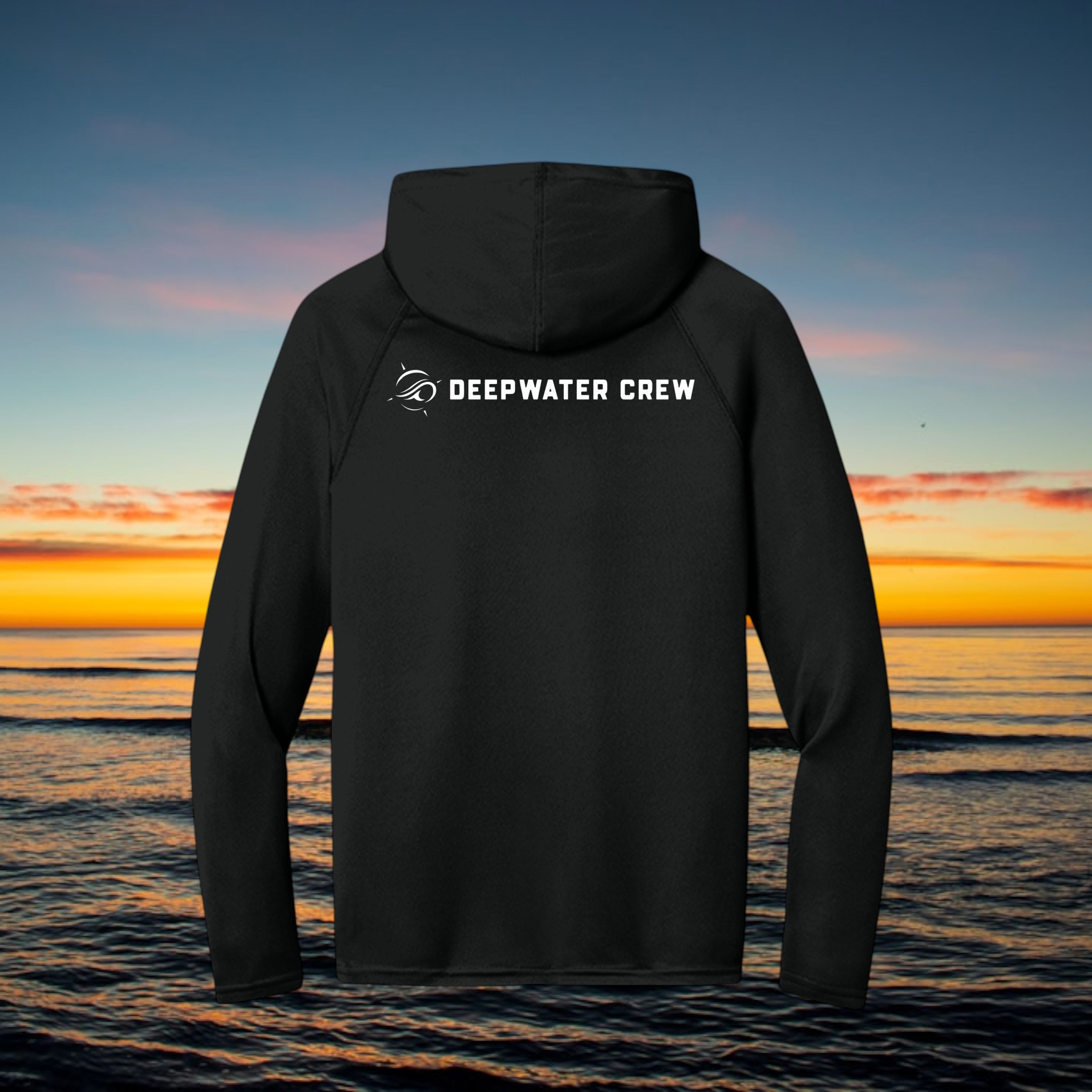 Deepwater Crew Co. black performance UV hoodie with white logo on back, featuring moisture-wicking recycled fabric.