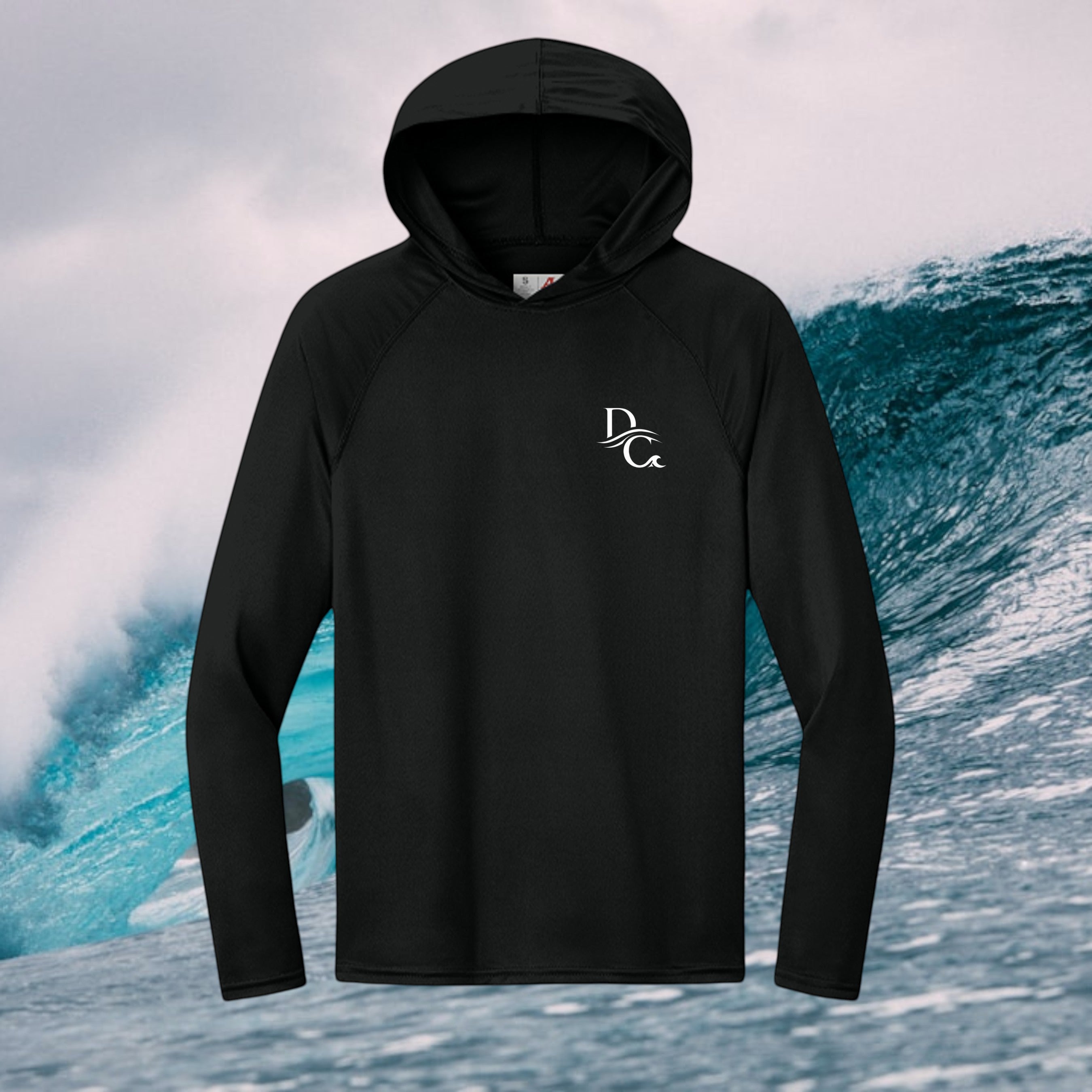 Deepwater Crew Co. black long-sleeve performance UV hoodie with white logo, featuring moisture-wicking recycled fabric.