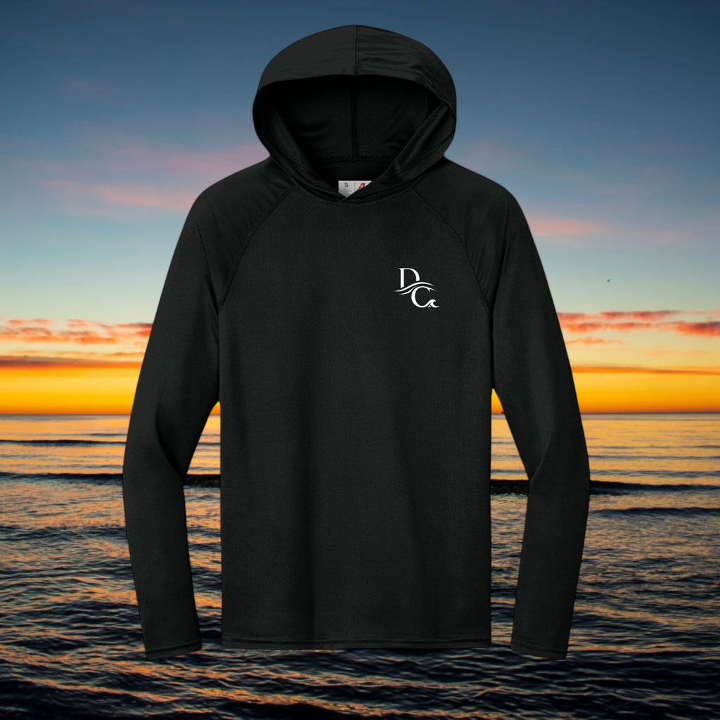 Deepwater Crew Co. black long-sleeve performance UV hoodie with raglan sleeves and white logo on chest