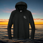 Deepwater Crew Co. black long-sleeve performance UV hoodie with raglan sleeves and white logo on chest