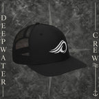 Deepwater Crew Co. black Richardson 112 trucker hat with white embroidered wave logo, breathable mesh back, and structured six-panel design with snapback closure.