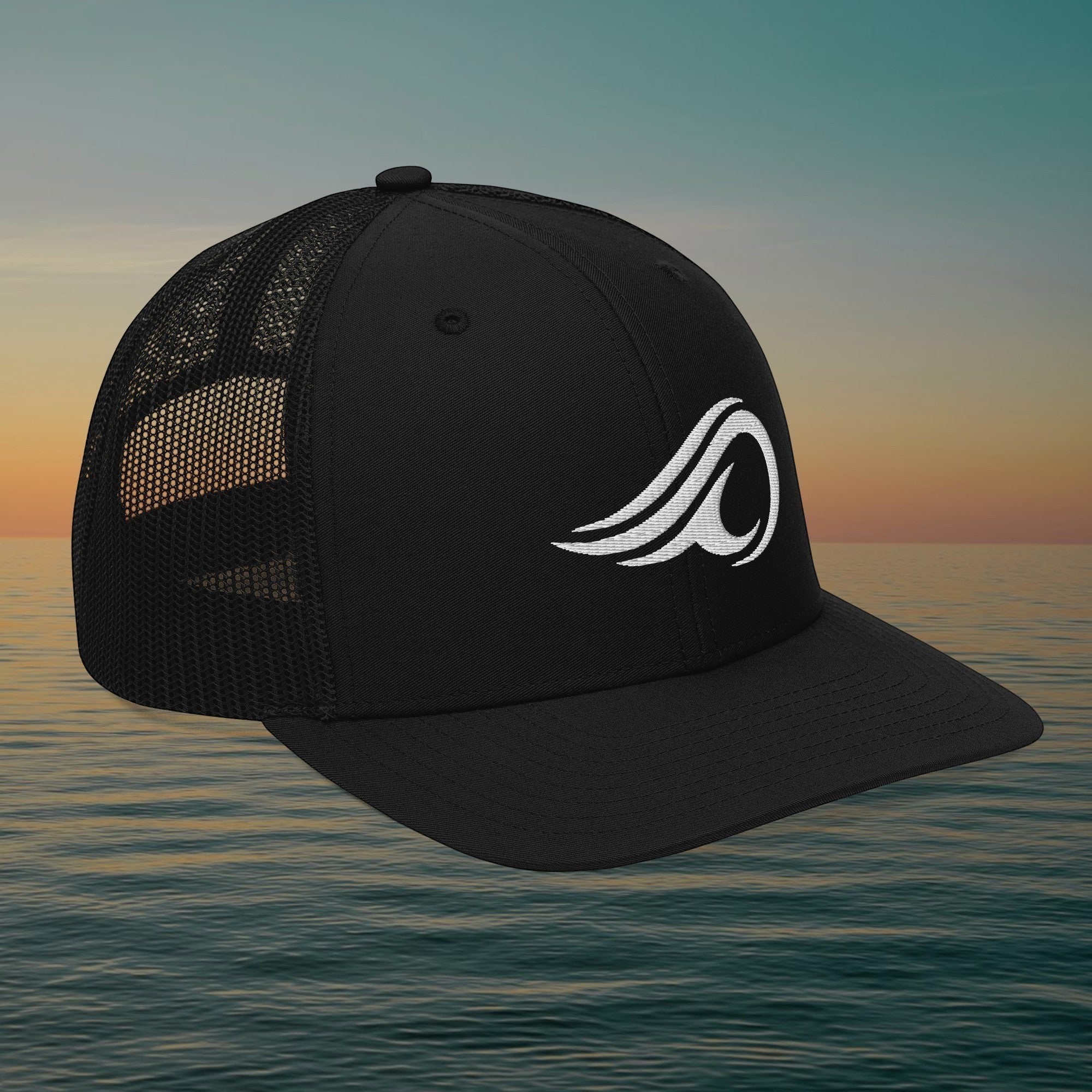 Deepwater Crew Co. black trucker hat with white embroidered wave logo, featuring a structured 6-panel mesh design.