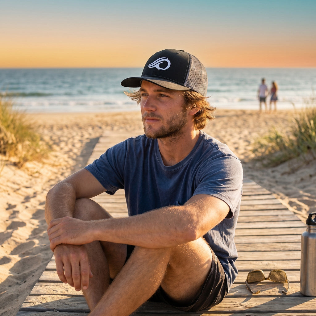 Deepwater Crew Co. black trucker hat with white wave logo worn by a man sitting on a beach boardwalk at sunset