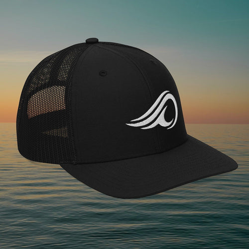 Deepwater Crew Co. black trucker hat with white embroidered wave logo, featuring a structured 6-panel mesh design.