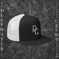 Deepwater Crew Co. black and white 5-panel trucker cap with flat bill and embroidered wave logo on front
