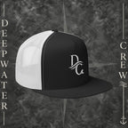 Deepwater Crew Co. black and white 5-panel trucker cap with flat bill and embroidered wave logo on front