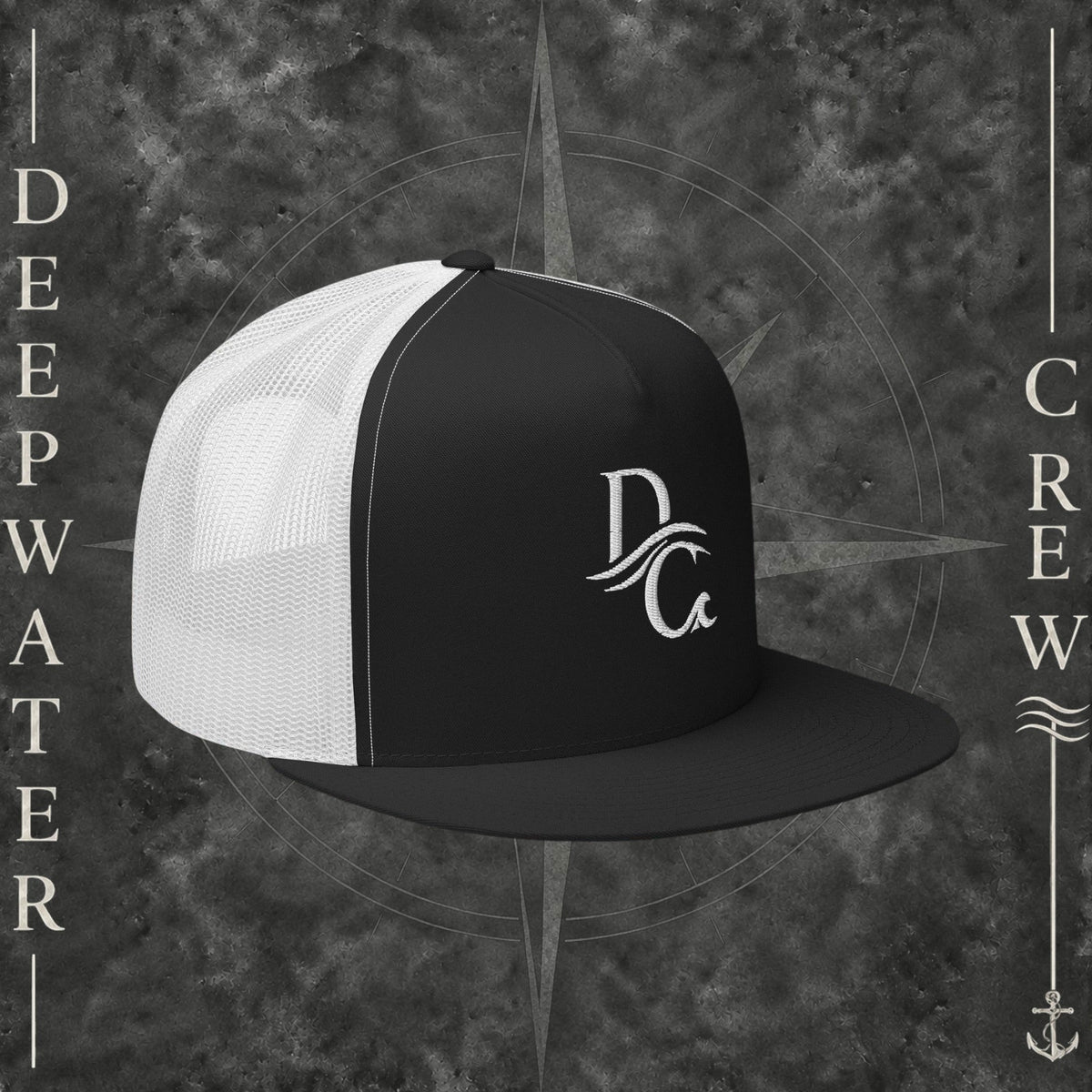 Deepwater Crew Co. black and white 5-panel trucker cap with flat bill and embroidered wave logo on front