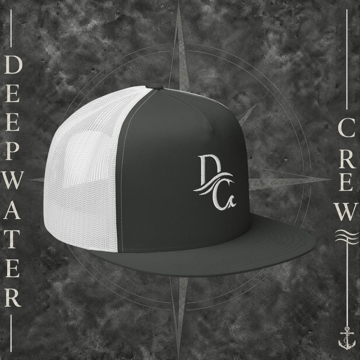 Deepwater Crew Co. black and white 5-panel trucker cap with flat bill and embroidered logo
