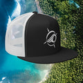 Deepwater Crew Co. black and white trucker cap with a flat bill and embroidered wave-and-compass logo