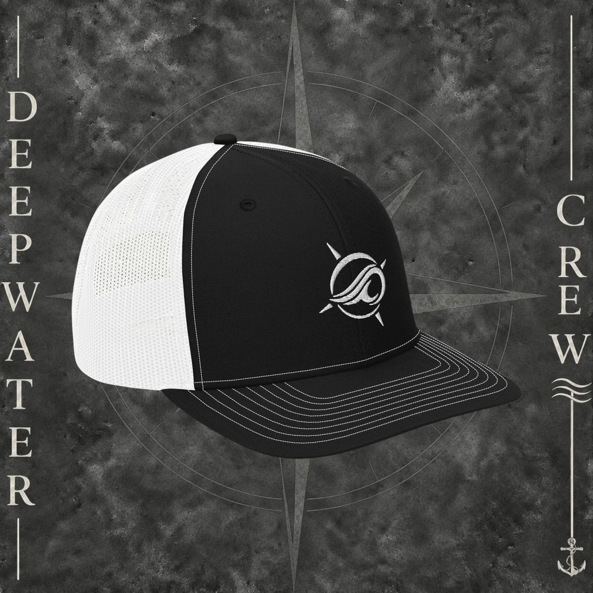 Deepwater Crew Co. black and white trucker cap with embroidered wave logo and breathable mesh back