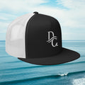 Deepwater Crew Co. black and white 5-panel trucker cap with flat bill and embroidered wave logo on front