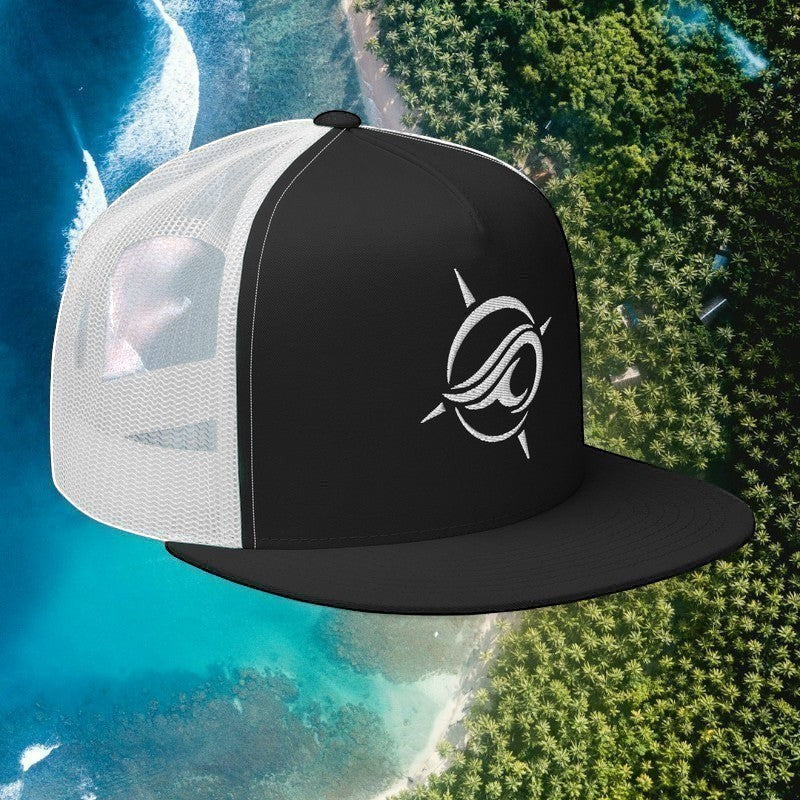 Deepwater Crew Co. black and white trucker cap with a flat bill and embroidered wave-and-compass logo