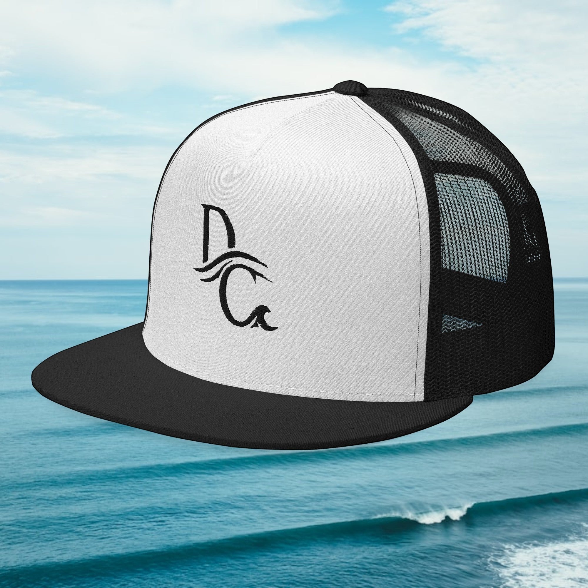 Deepwater Crew Co. black and white five-panel trucker cap with flat bill and embroidered wave logo on front