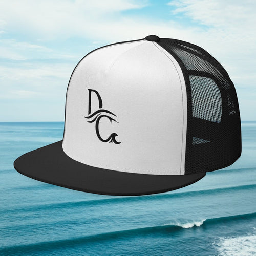 Deepwater Crew Co. black and white five-panel trucker cap with flat bill and embroidered wave logo on front