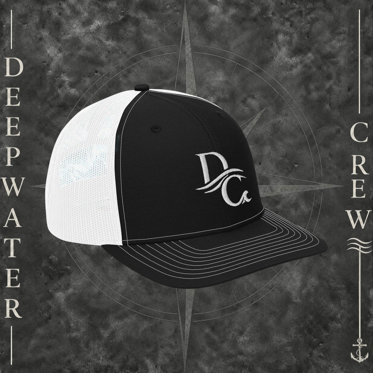 Deepwater Crew Co. black and white trucker hat with embroidered wave logo and breathable mesh back
