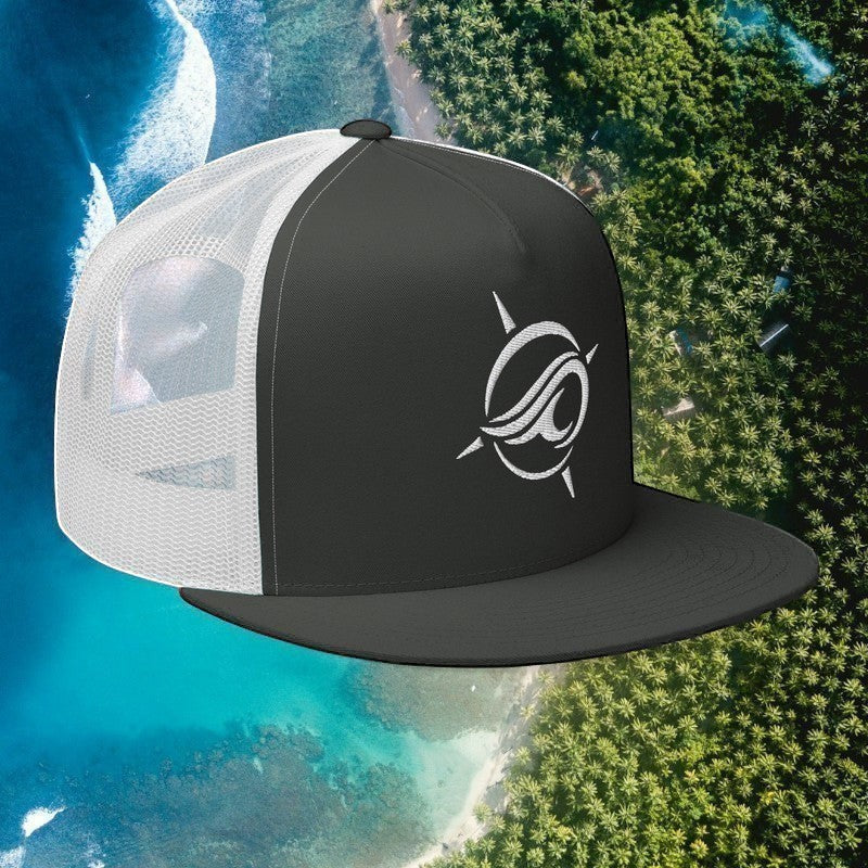Deepwater Crew Co. black and white 5-panel flat-bill trucker hat with an embroidered wave-and-compass logo.