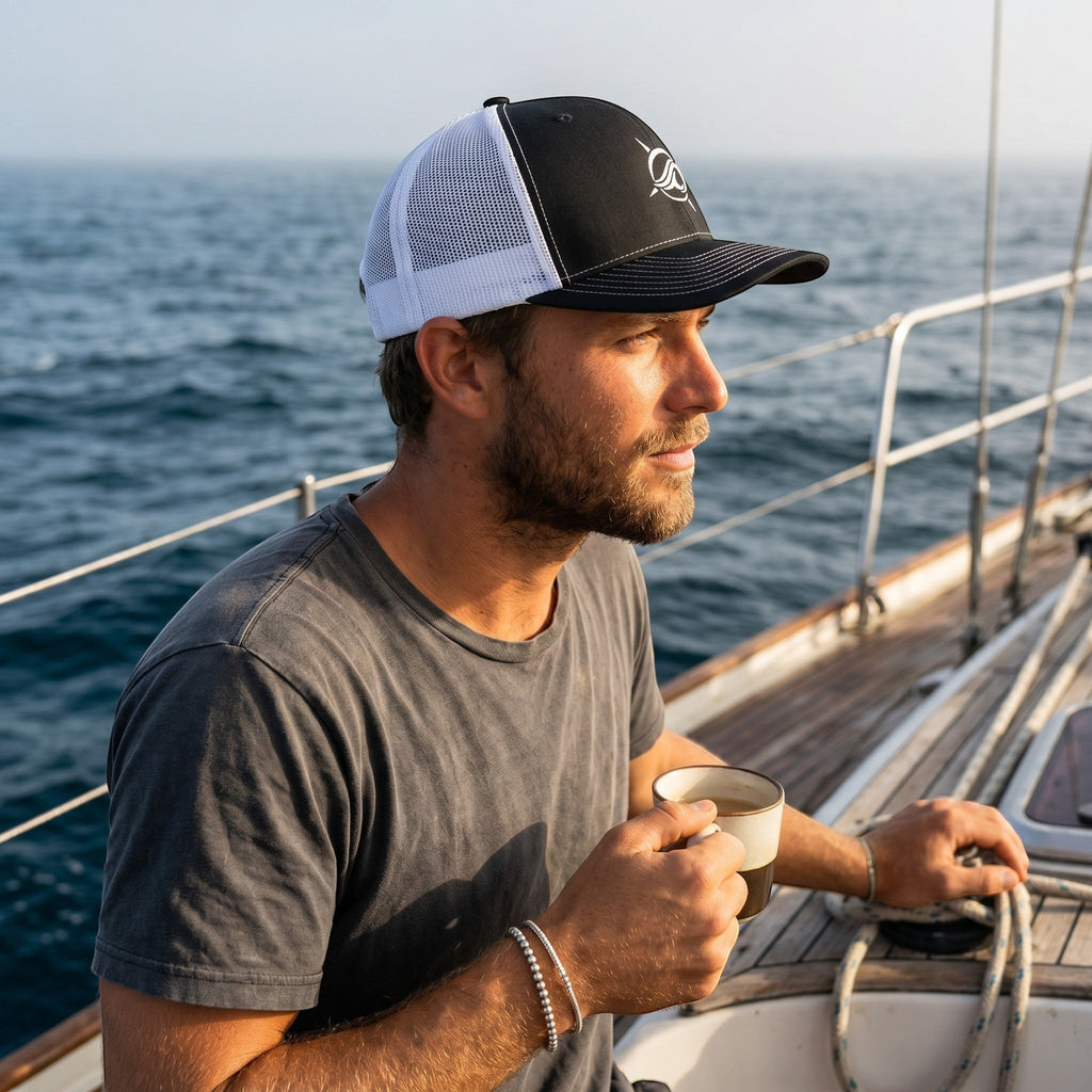 Deepwater Crew Co. black and white trucker hat with embroidered wave logo worn by a man on a sailboat at sea.