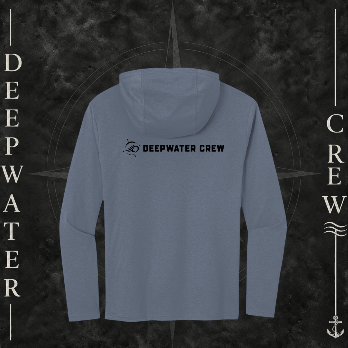 Deepwater Crew Co. Blue DC  Tri-blend long sleeve hoodie. Back view of hoodie with a nautical compass logo graphic and Deepwater Crew lettering beside it.