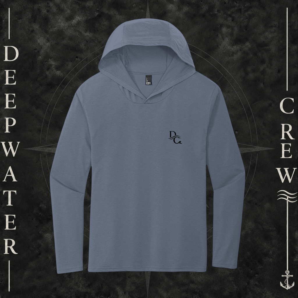 Deepwater Crew Co. Blue DC tri-blend long sleeve hoodie. Front view with a small black DC logo on the left chest.