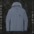 Deepwater Crew Co. Blue DC tri-blend long sleeve hoodie. Front view with a small black DC logo on the left chest.