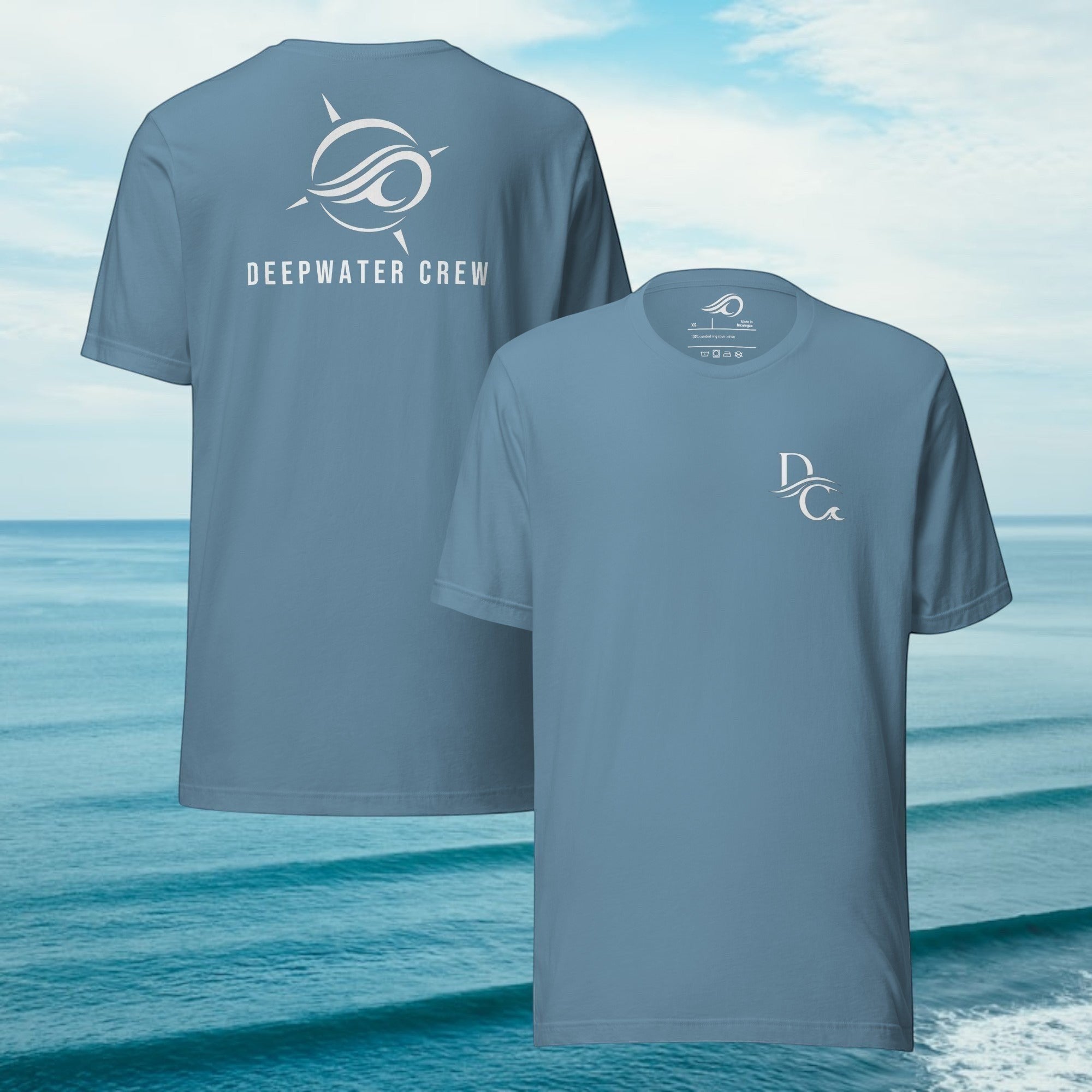 Deepwater Crew Co. blue 100% cotton t-shirt with minimal logo on front and large wave compass logo on back.