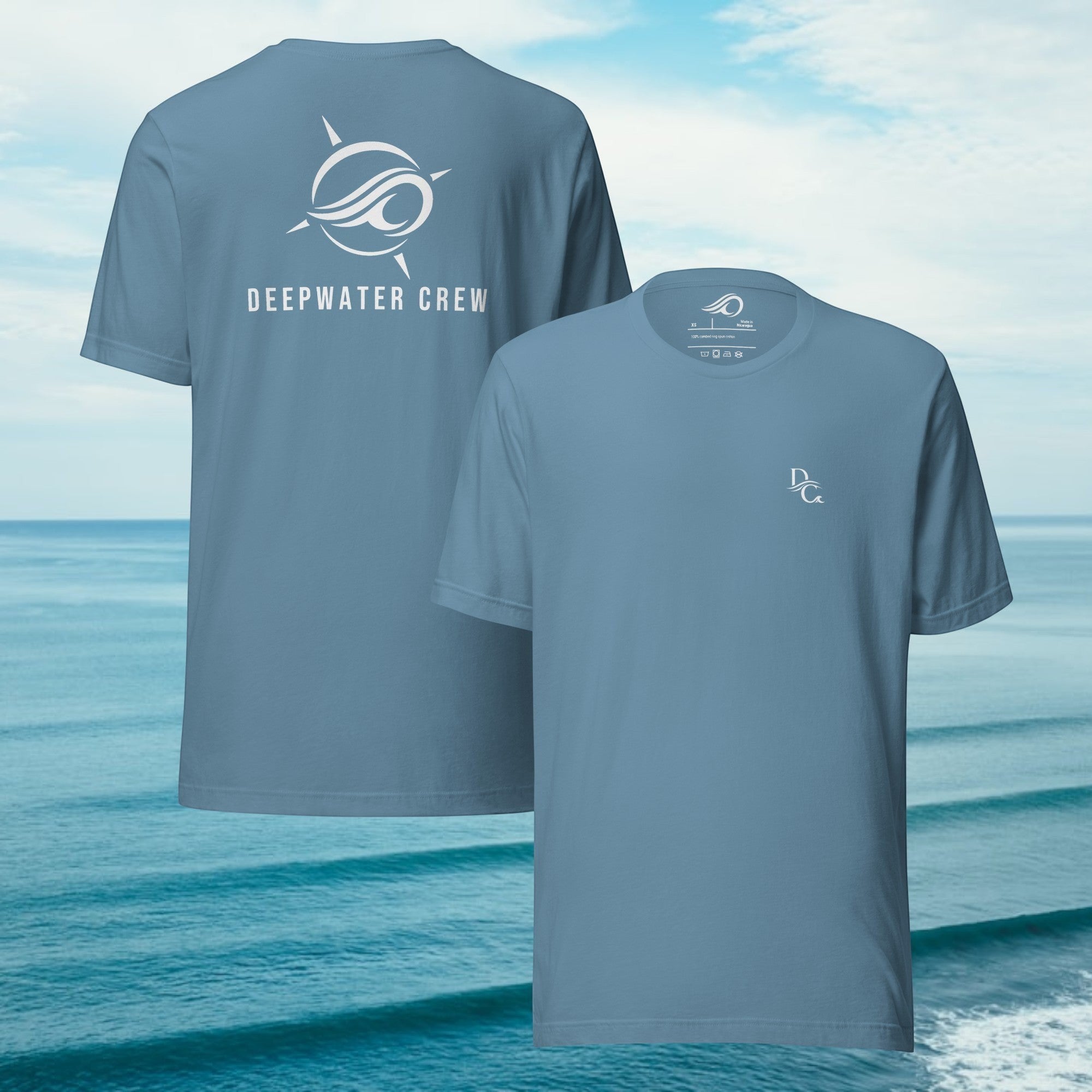 Deepwater Crew Co. blue cotton crew neck t-shirt with white logo print on front chest and large back graphic.