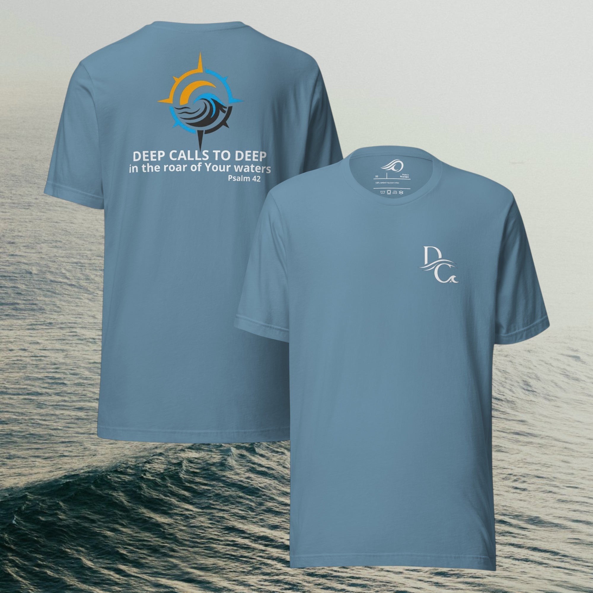 Deepwater Crew Co. blue cotton t-shirt with "DEEP CALLS TO DEEP in the roar of Your waters Psalm 42" graphic on back.