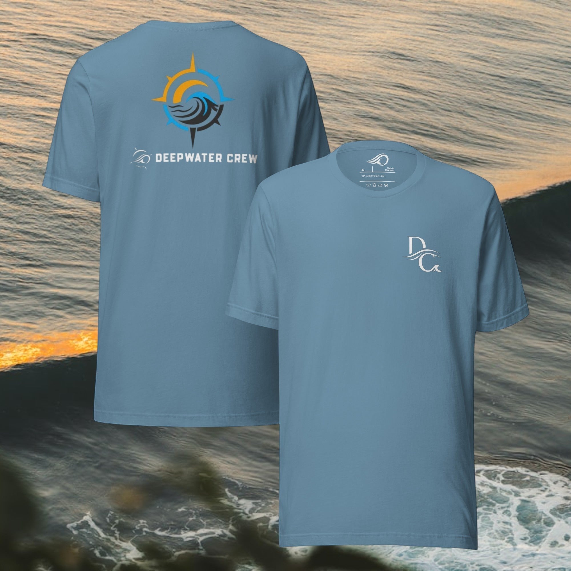 Deepwater Crew Co. blue cotton t-shirt with front logo and large graphic print on back.
