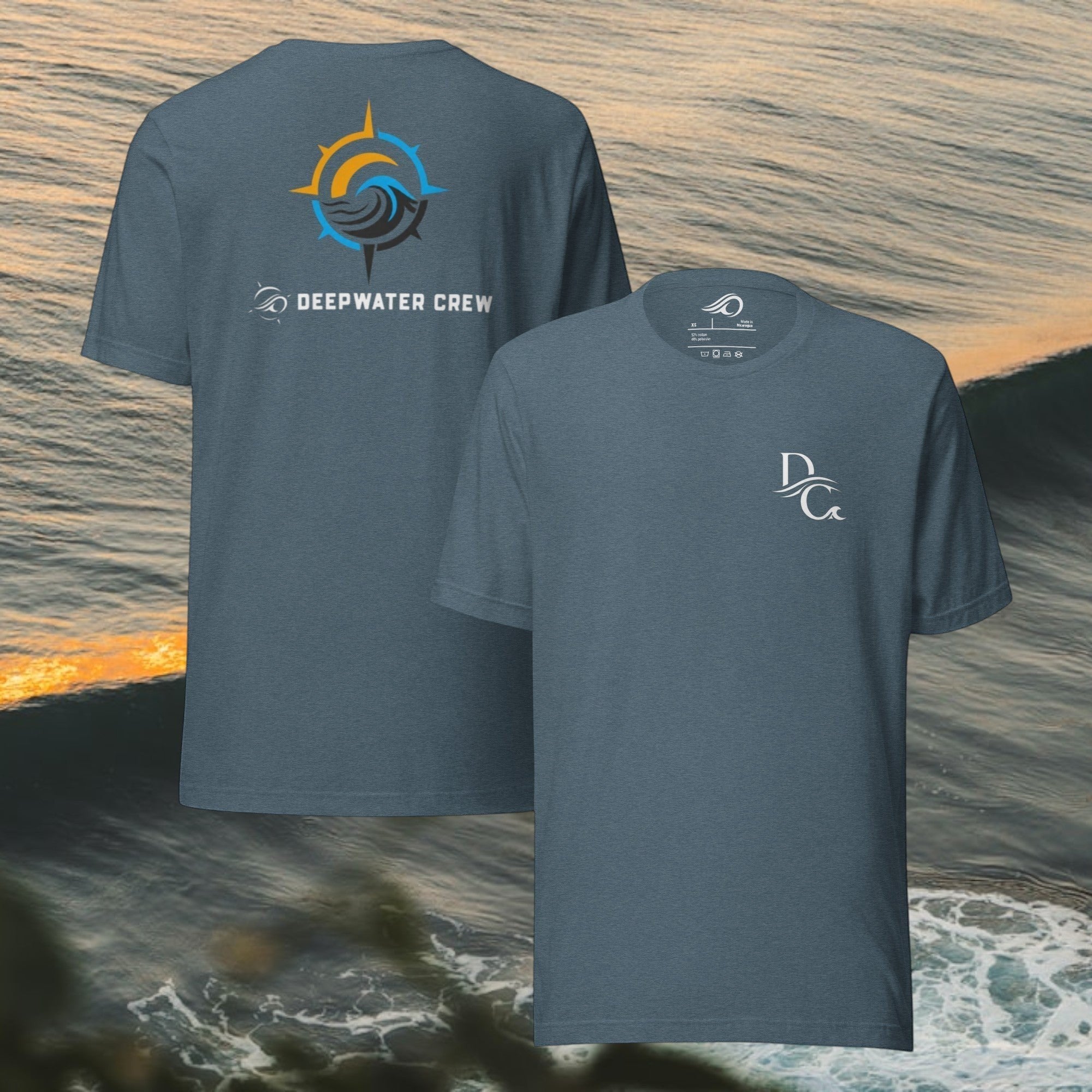 Deepwater Crew Co. blue crew neck t-shirt with compass logo on back and DC logo on front. 100% cotton.