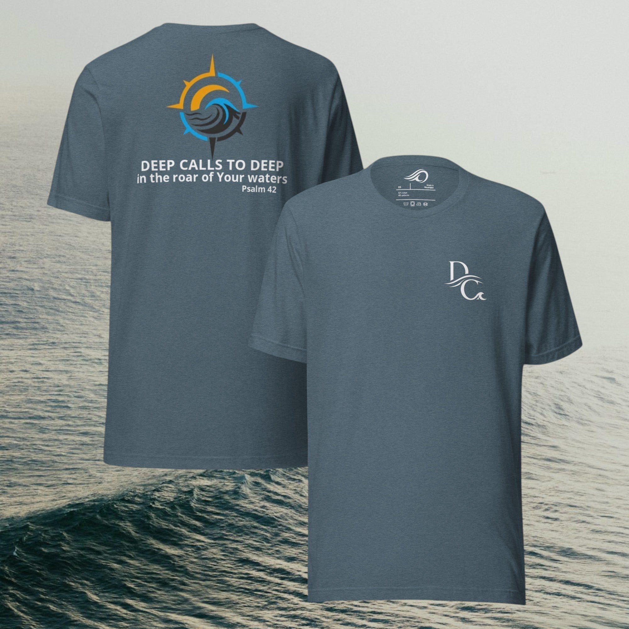 Deepwater Crew Co. blue cotton t-shirt with compass graphic and text on back, logo on front.