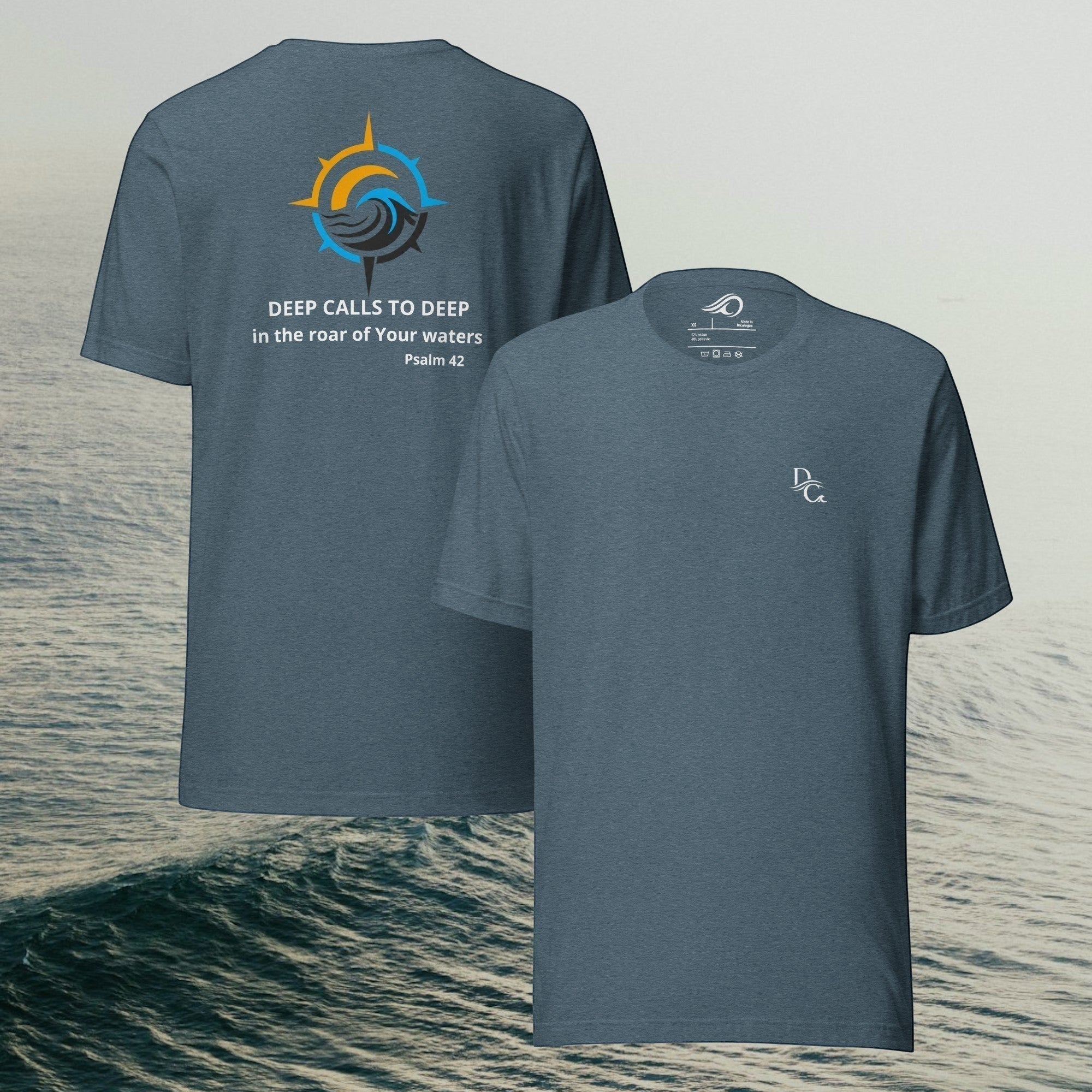 Deepwater Crew Co. blue heather cotton crew neck t-shirt with front logo and back compass graphic print