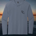 Deepwater Crew Co. blue tri-blend long-sleeve hooded tee with black chest logo. Lightweight and breathable.