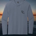 Deepwater Crew Co. blue tri-blend long-sleeve hooded tee with black chest logo. Lightweight and breathable.