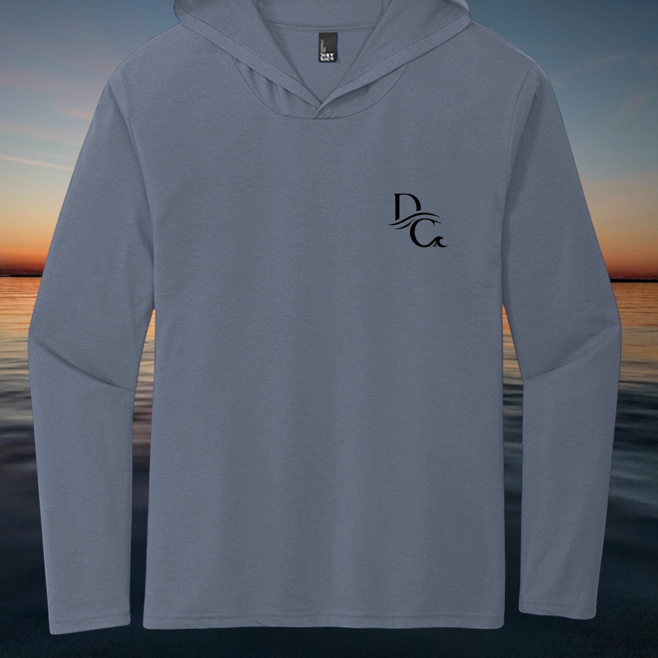 Deepwater Crew Co. blue tri-blend long-sleeve hooded tee with black chest logo. Lightweight and breathable.