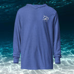 Deepwater Crew Co. heather blue long-sleeve hooded tee with white logo on chest. 100% cotton.