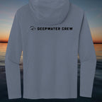 Deepwater Crew Co. blue tri-blend long-sleeve hooded tee with chest logo. Lightweight and breathable.