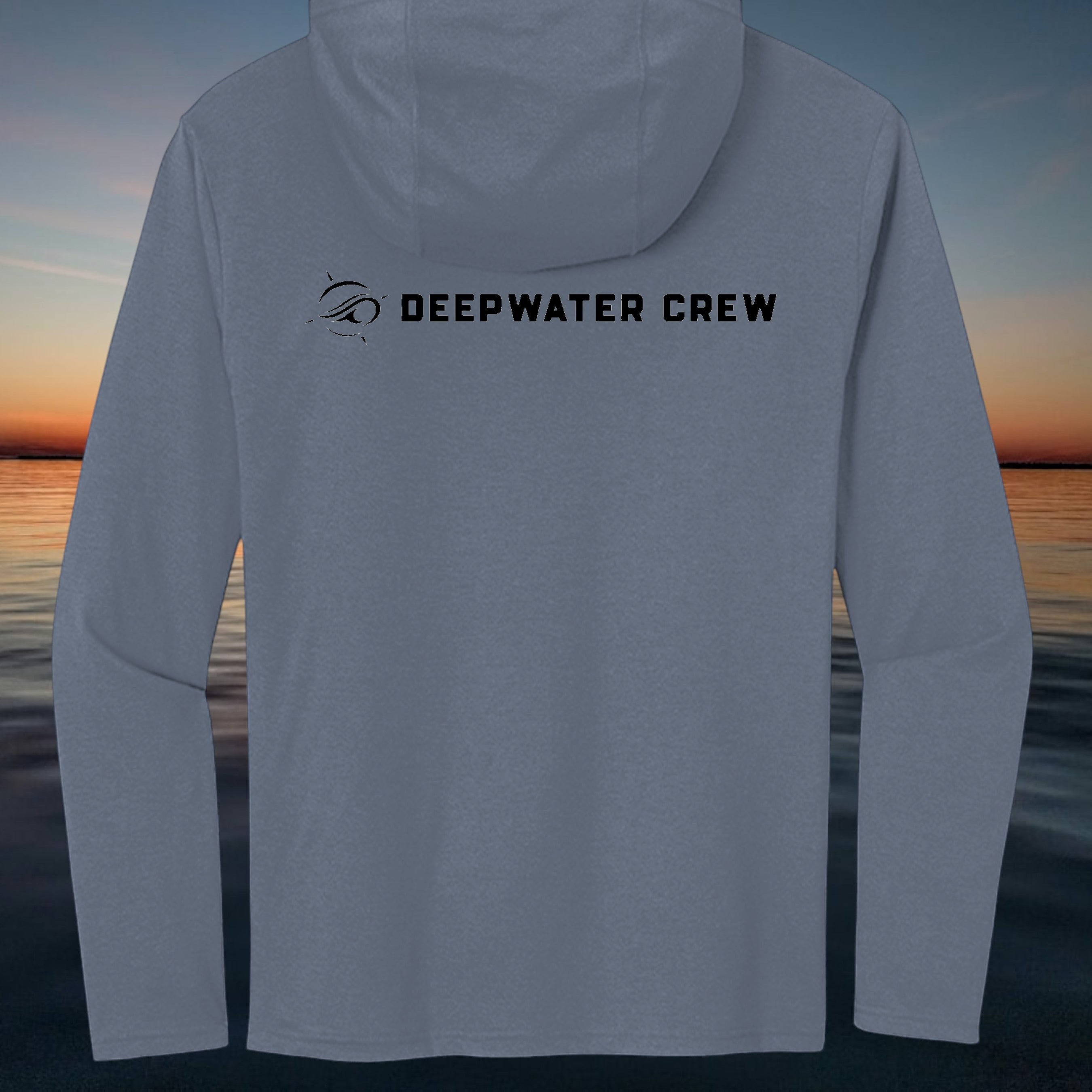 Deepwater Crew Co. blue tri-blend long-sleeve hooded tee with chest logo. Lightweight and breathable.