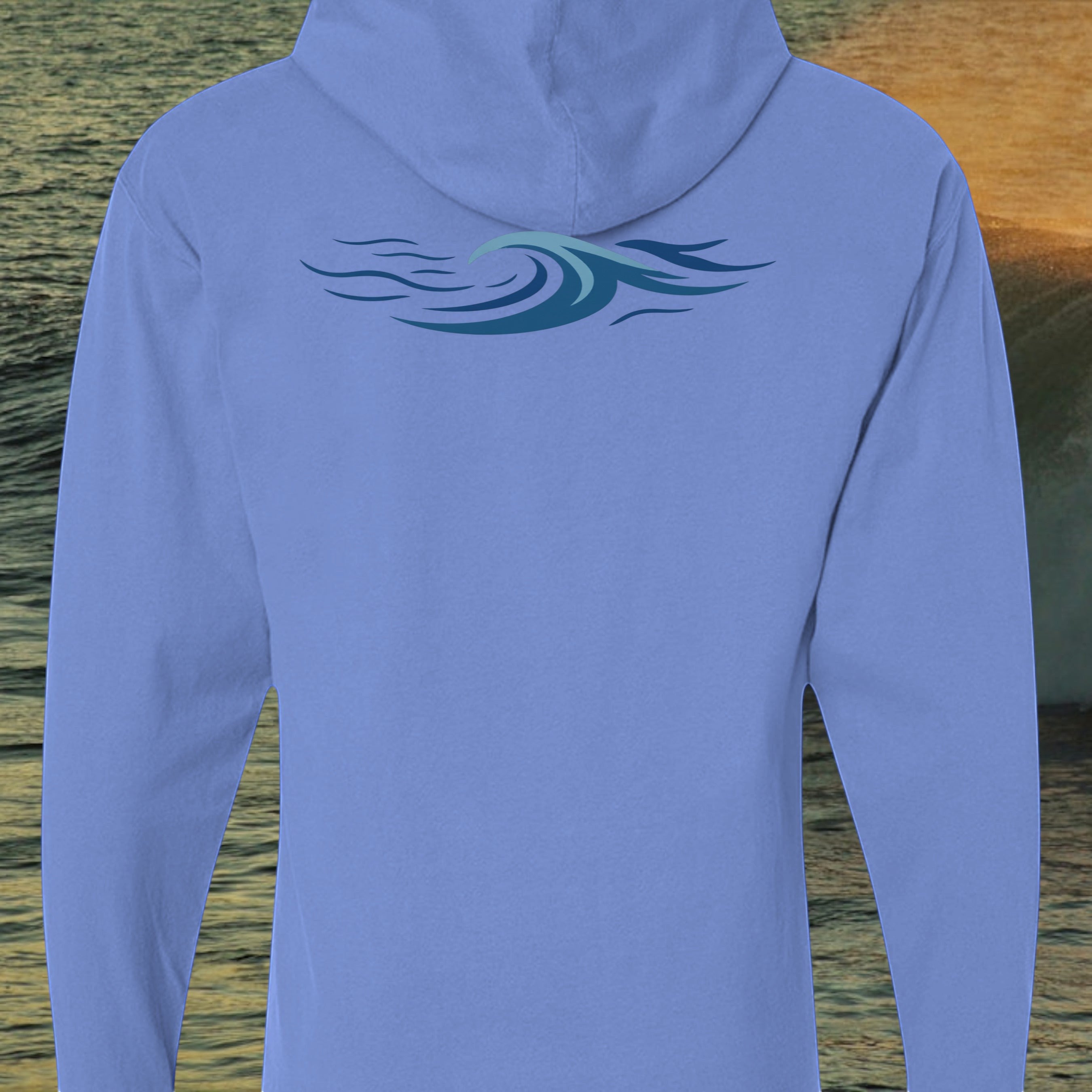 Deepwater Crew Co. light blue long sleeve hooded t-shirt with a stylized teal wave graphic on the back