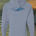 Deepwater Crew Co. light blue garment-dyed cotton hooded long sleeve t-shirt with a blue wave graphic on the back