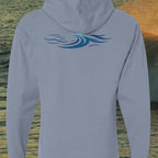 Deepwater Crew Co. light blue garment-dyed cotton hooded long sleeve t-shirt with a blue wave graphic on the back