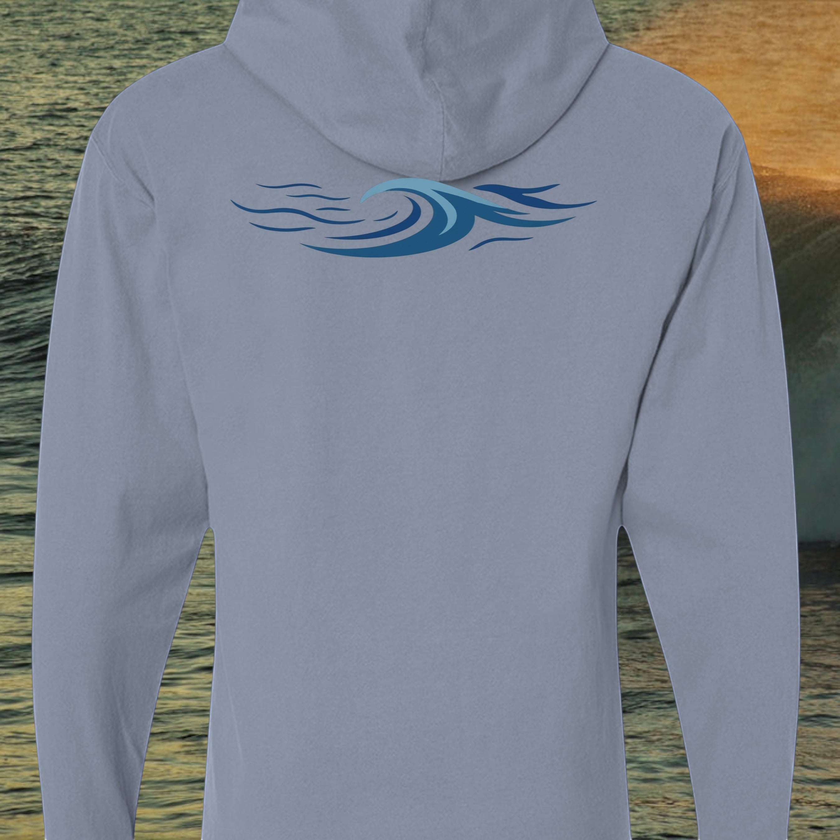 Deepwater Crew Co. light blue garment-dyed cotton hooded long sleeve t-shirt with a blue wave graphic on the back