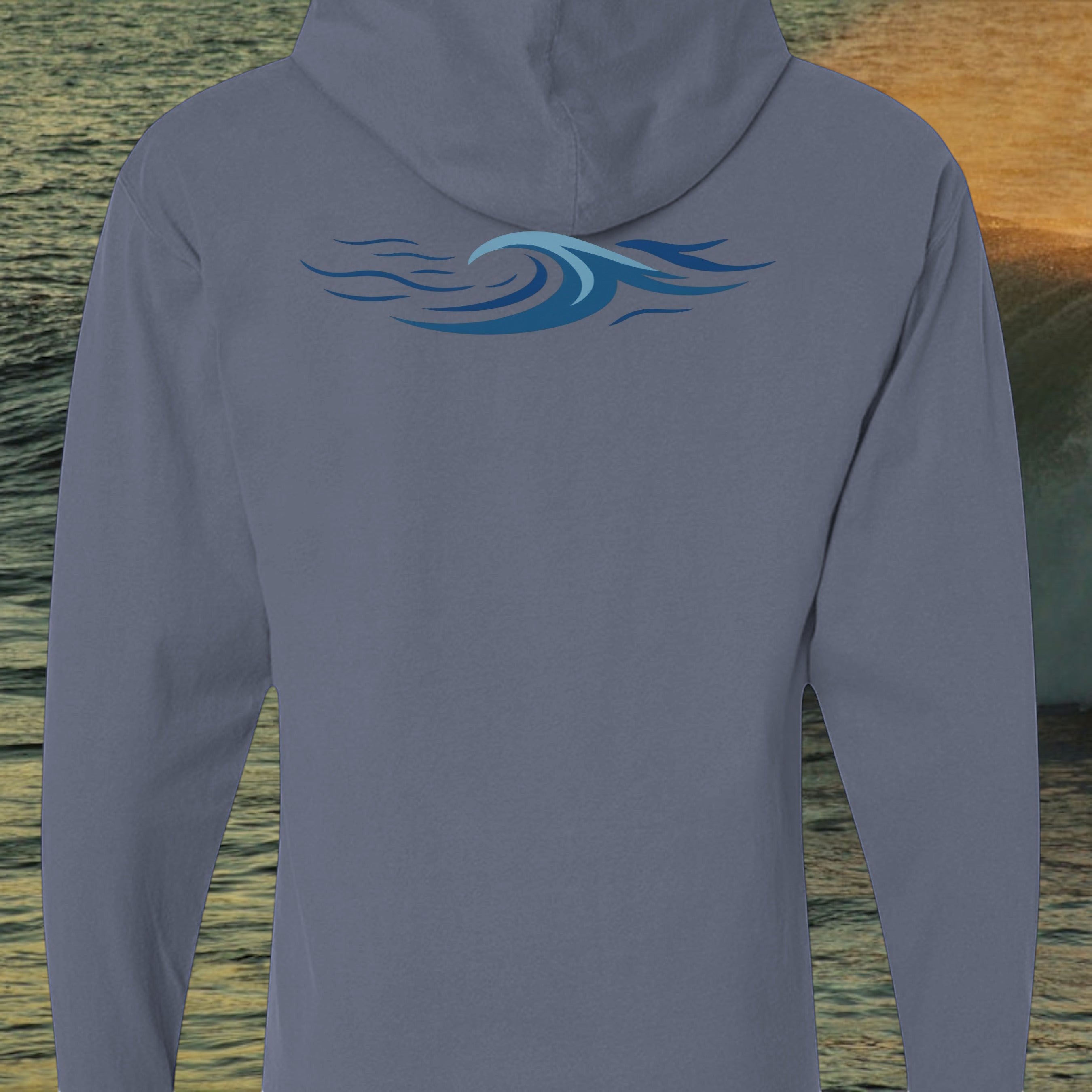 Deepwater Crew Co. blue garment-dyed cotton long sleeve hooded tee with a stylized wave graphic on the back