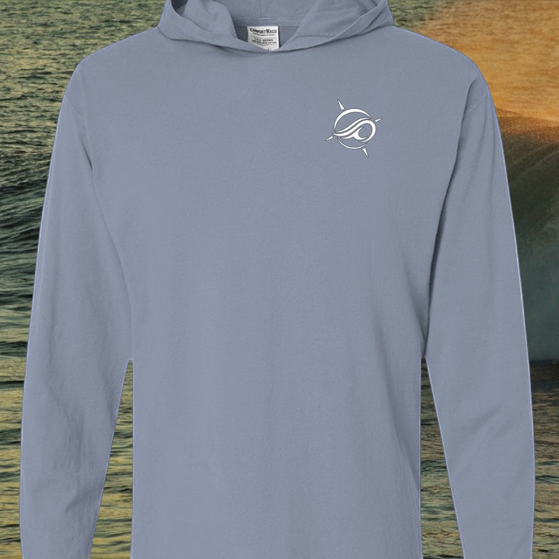 Deepwater Crew Co. blue garment-dyed cotton long sleeve hooded t-shirt with white logo on chest