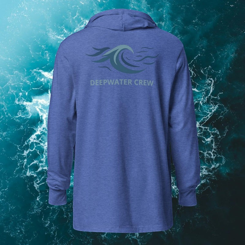 Deepwater Crew Co. heather blue 100% cotton long sleeve hooded tee with crossover V neckline and wave graphic.