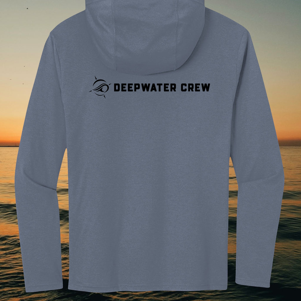 Deepwater Crew Co. blue tri-blend long sleeve hoodie with black logo on back against a sunset ocean background