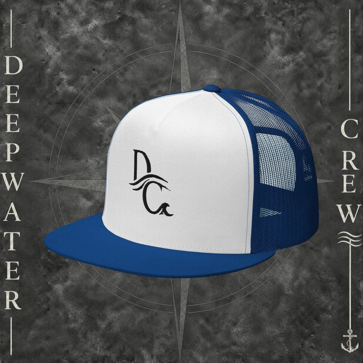 Deepwater Crew Co. blue and white 5-panel trucker cap with flat bill and embroidered nautical logo on front