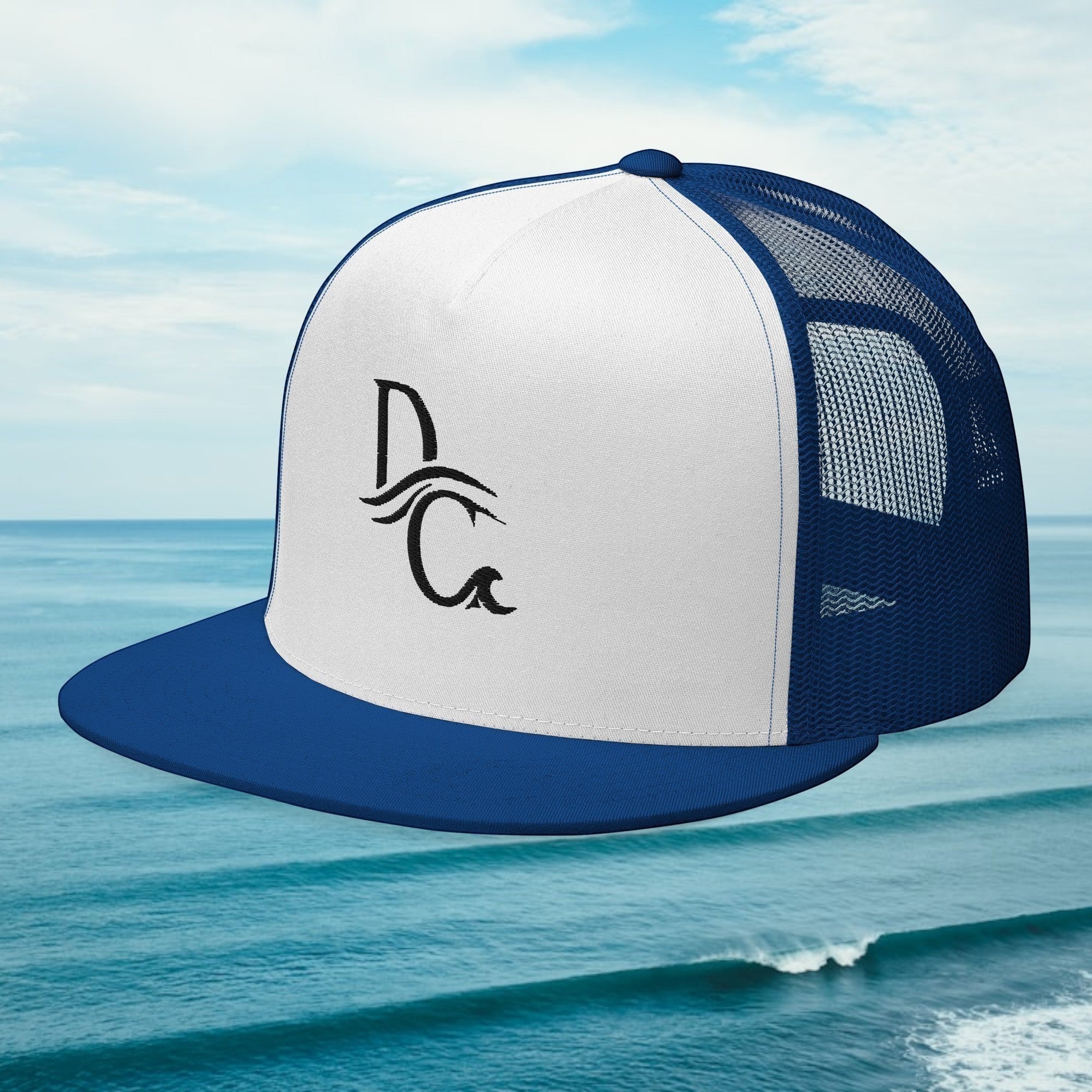 Deepwater Crew Co. blue and white 5-panel trucker cap with flat bill and embroidered nautical logo on front