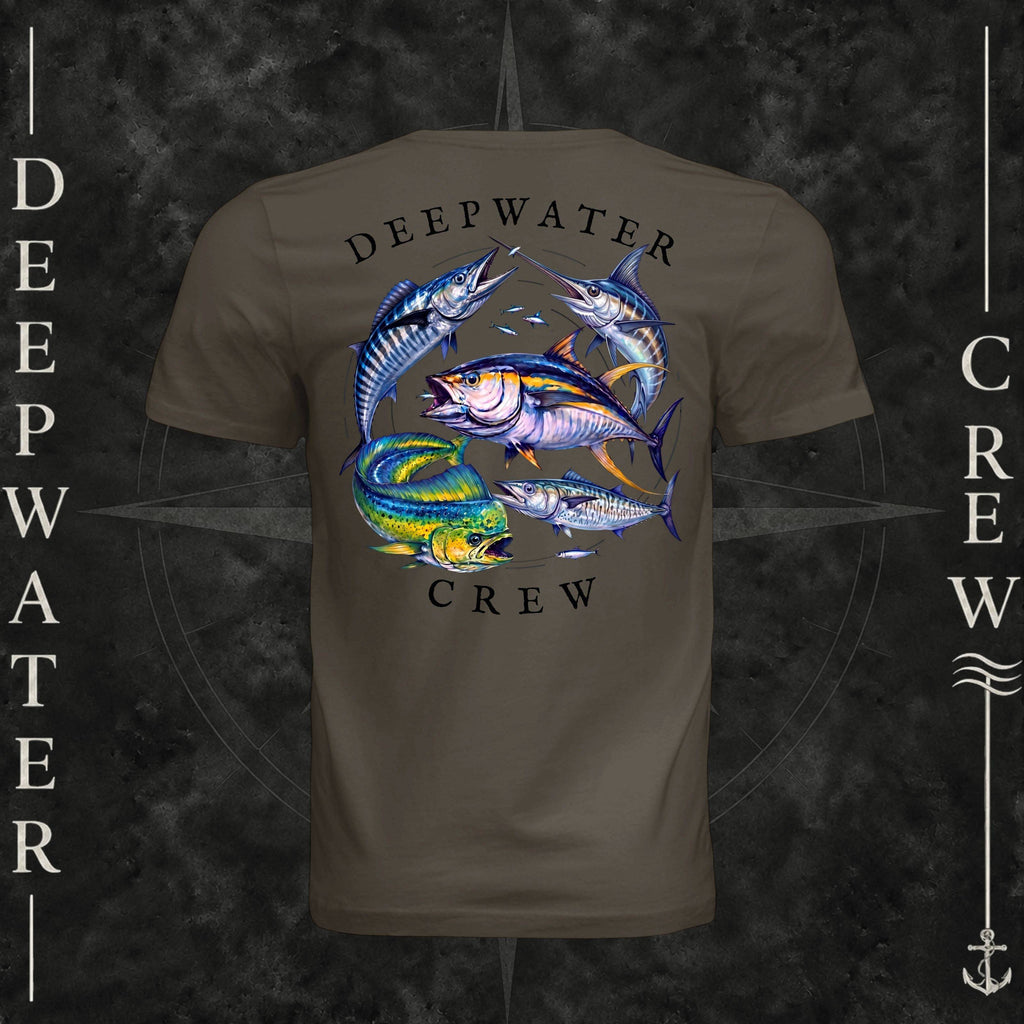 Army Deepwater Crew Co. Bluewater Strike crewneck T-shirt, back view with large colorful pelagic game fish collage and Deepwater Crew lettering.