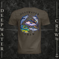 Army Deepwater Crew Co. Bluewater Strike crewneck T-shirt, back view with large colorful pelagic game fish collage and Deepwater Crew lettering.